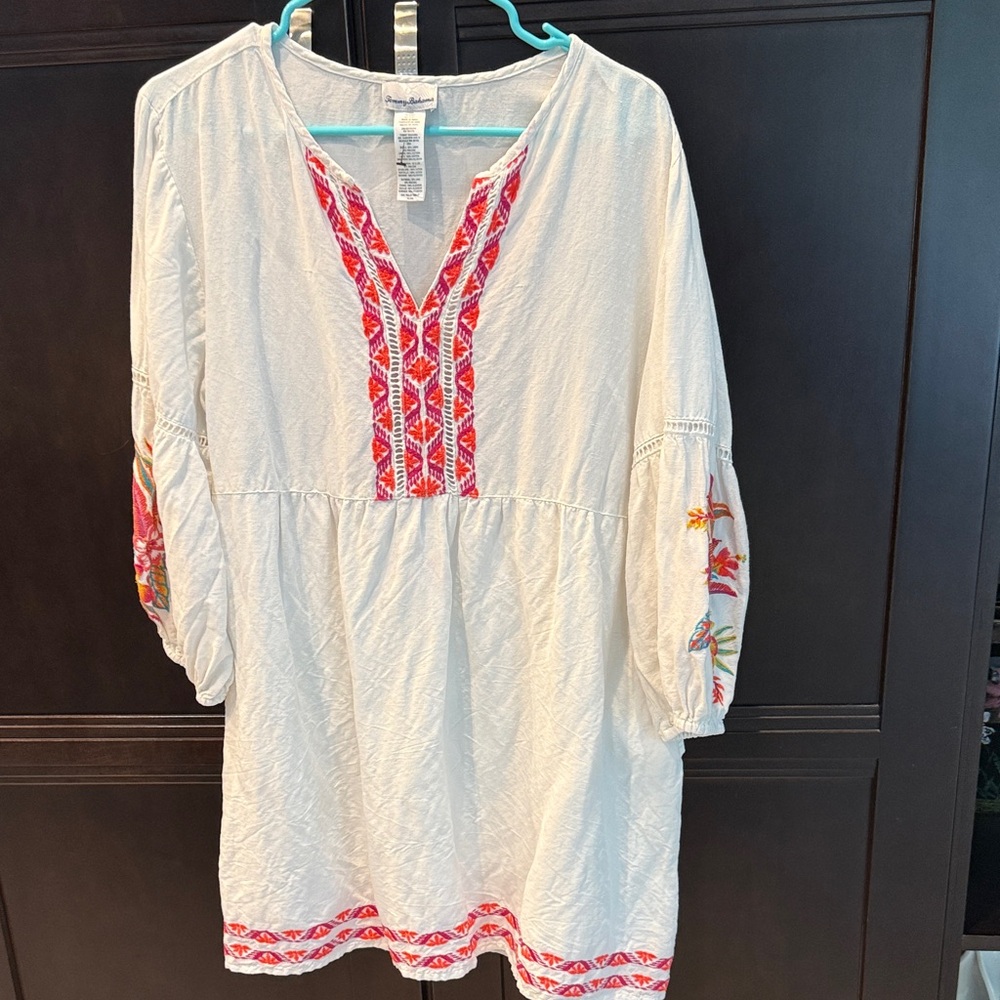 Tommy Bahama White Tunic Dress with Pink & Orange Embroidery
